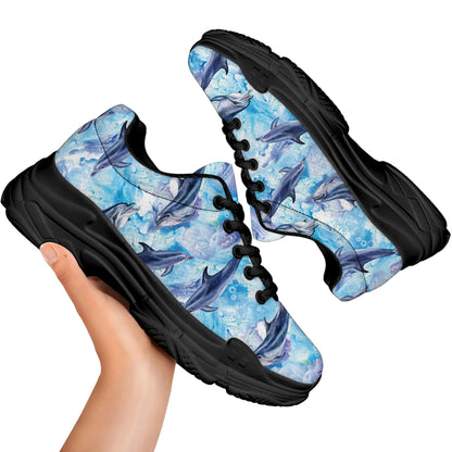 Watercolor Dolphin In The Sea Print Black Chunky Shoes