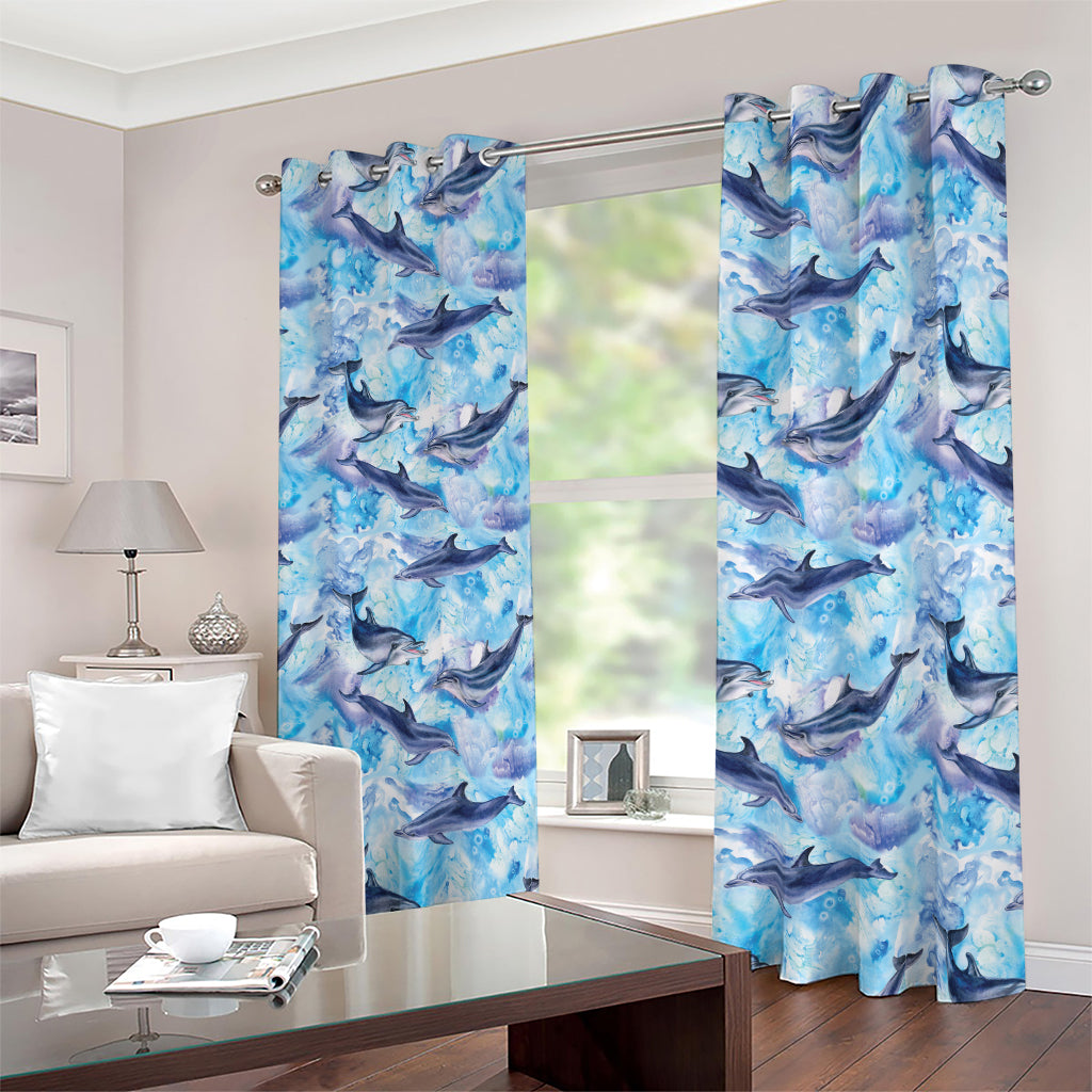 Watercolor Dolphin In The Sea Print Blackout Grommet Curtains