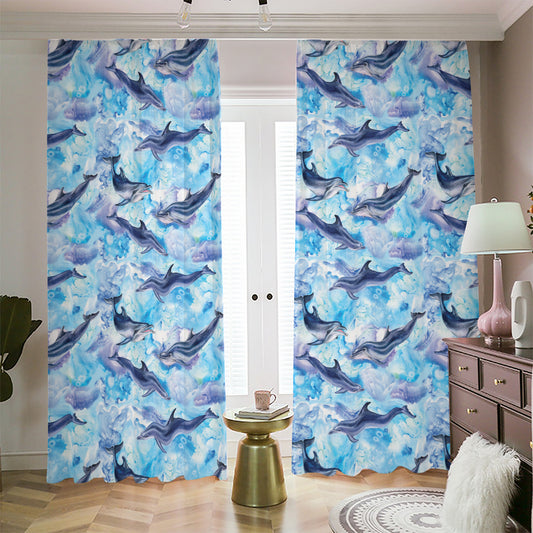 Watercolor Dolphin In The Sea Print Blackout Pencil Pleat Curtains