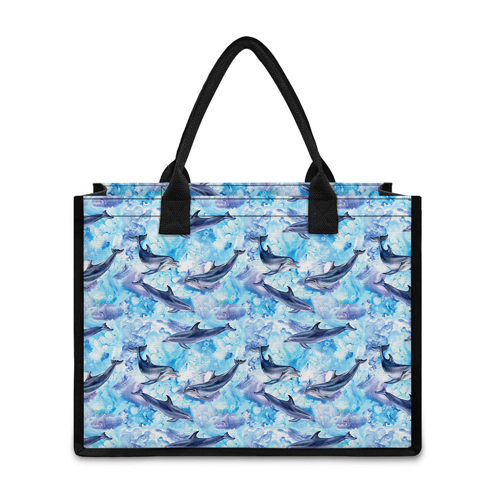 Watercolor Dolphin In The Sea Print Canvas Tote Bag