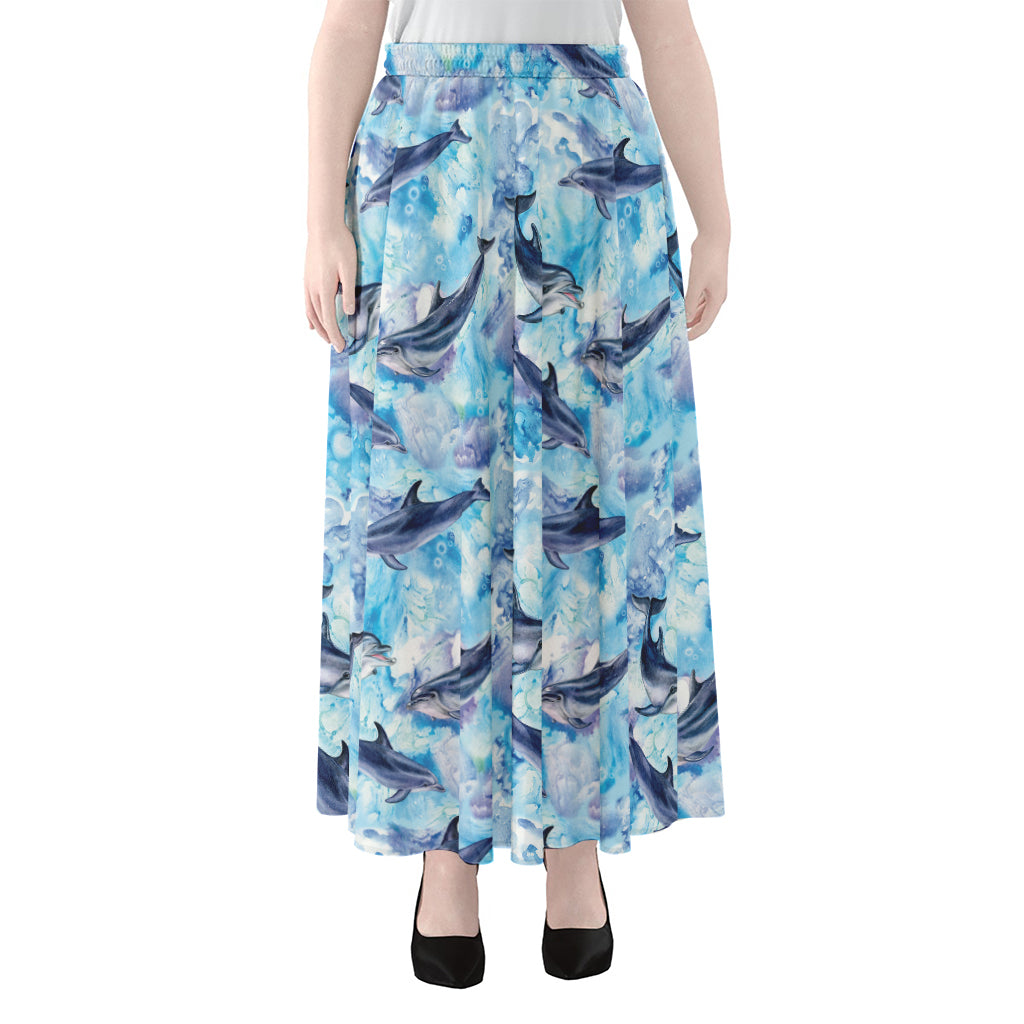 Watercolor Dolphin In The Sea Print Chiffon Maxi Skirt