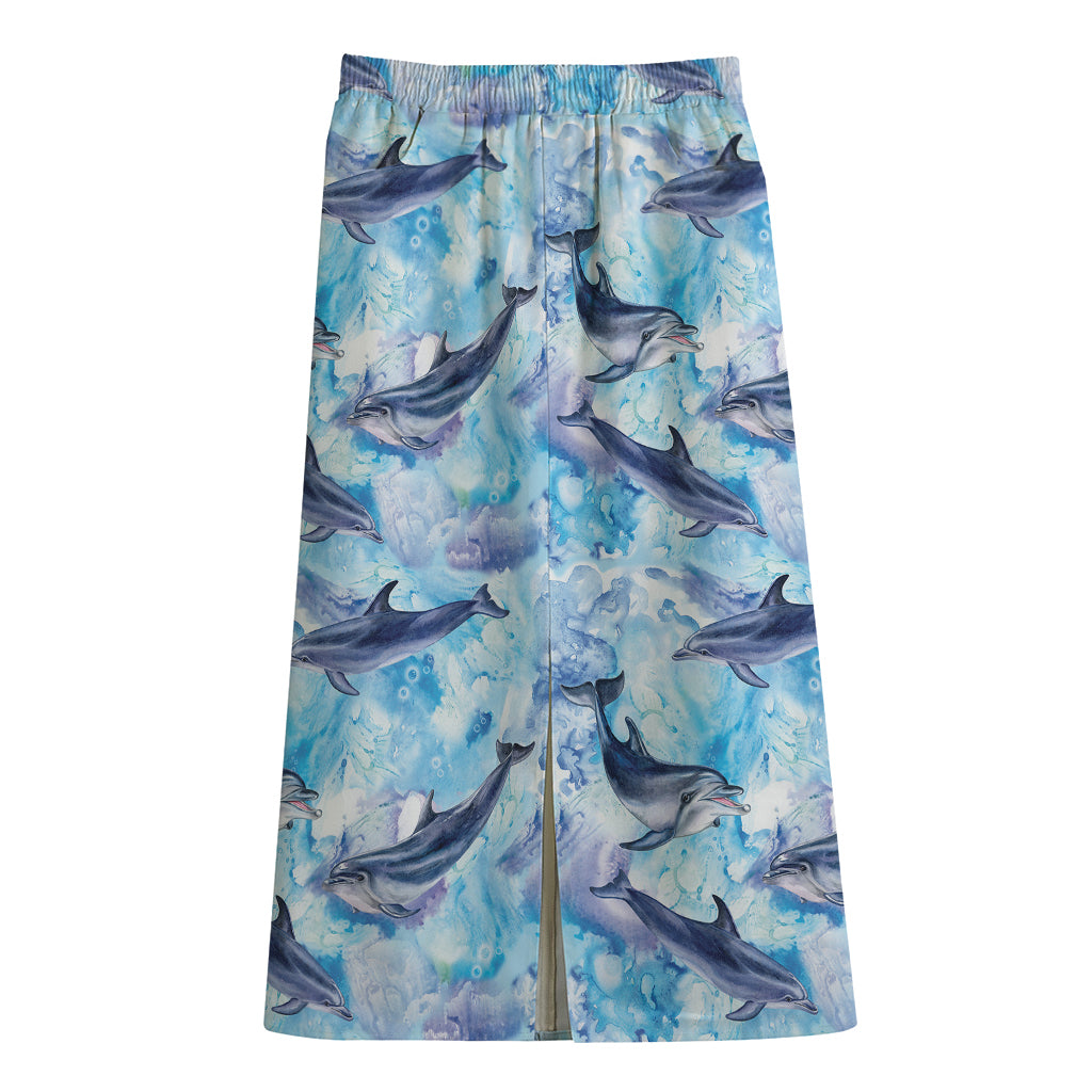 Watercolor Dolphin In The Sea Print Cotton Front Slit Maxi Skirt