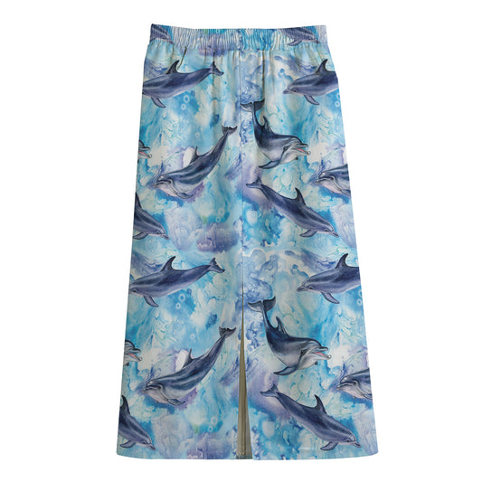 Watercolor Dolphin In The Sea Print Cotton Front Slit Maxi Skirt
