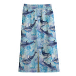 Watercolor Dolphin In The Sea Print Cotton Front Slit Maxi Skirt