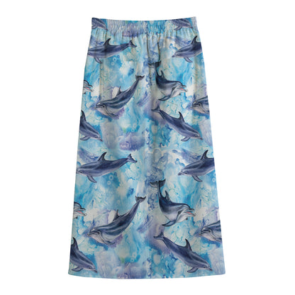 Watercolor Dolphin In The Sea Print Cotton Front Slit Maxi Skirt