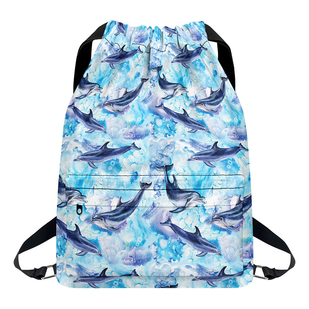 Watercolor Dolphin In The Sea Print Drawstring Backpack