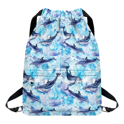 Watercolor Dolphin In The Sea Print Drawstring Backpack