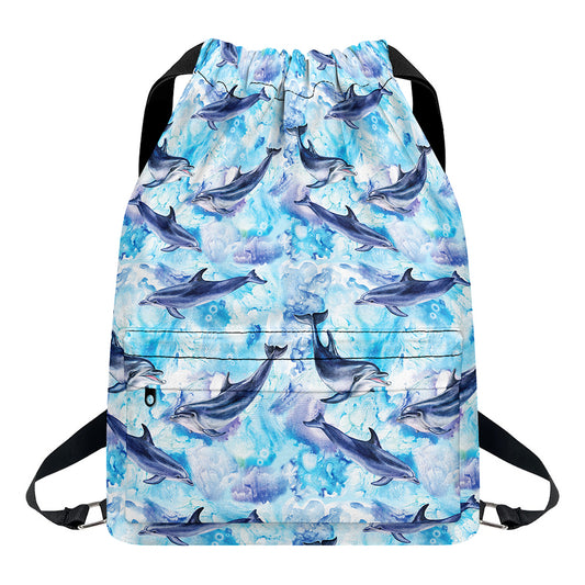 Watercolor Dolphin In The Sea Print Drawstring Backpack