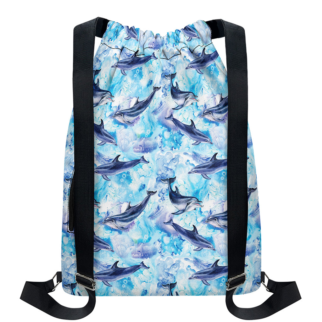 Watercolor Dolphin In The Sea Print Drawstring Backpack