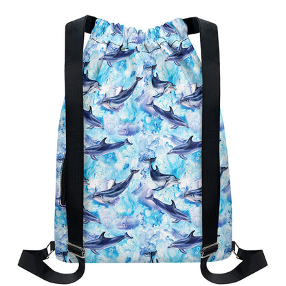 Watercolor Dolphin In The Sea Print Drawstring Backpack