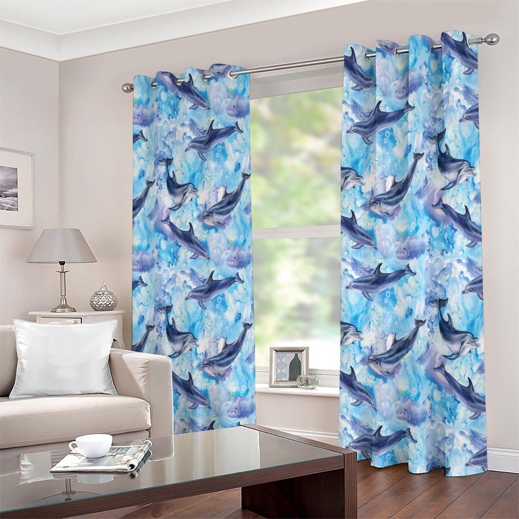 Watercolor Dolphin In The Sea Print Extra Wide Grommet Curtains