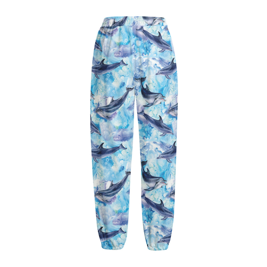Watercolor Dolphin In The Sea Print Fleece Lined Knit Pants