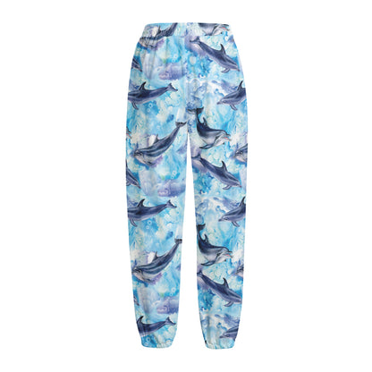 Watercolor Dolphin In The Sea Print Fleece Lined Knit Pants