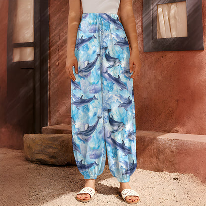 Watercolor Dolphin In The Sea Print Harem Pants