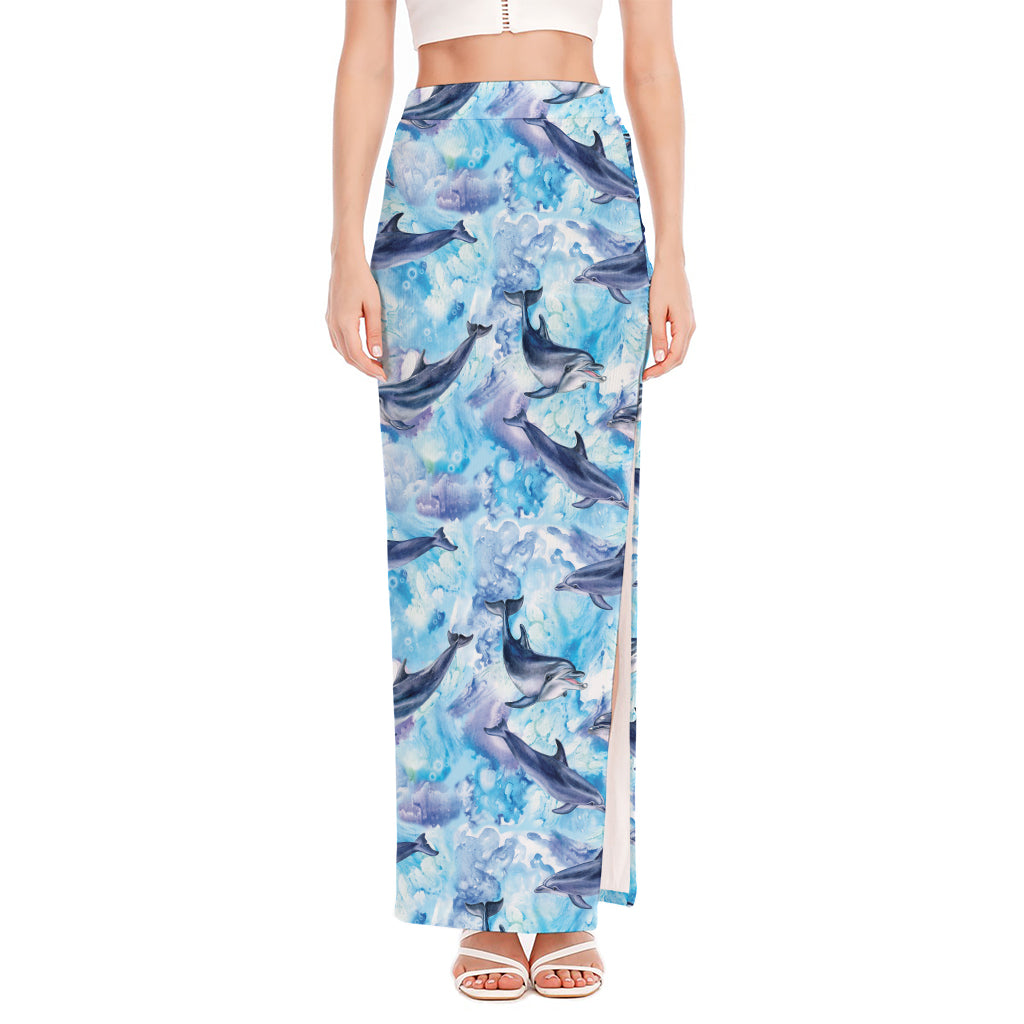 Watercolor Dolphin In The Sea Print High Slit Maxi Skirt