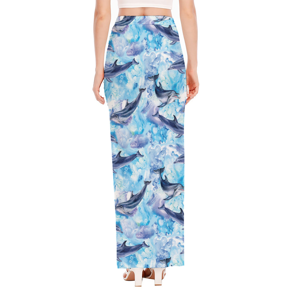 Watercolor Dolphin In The Sea Print High Slit Maxi Skirt