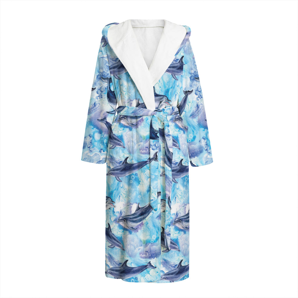 Watercolor Dolphin In The Sea Print Hooded Bathrobe