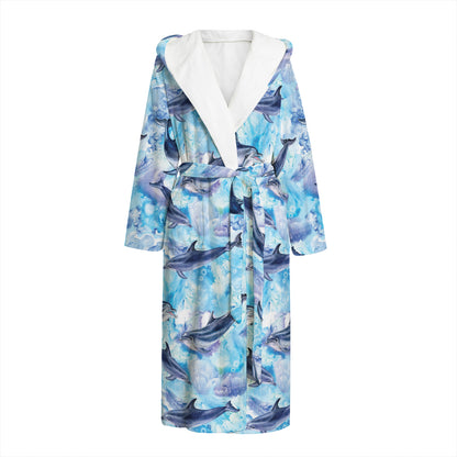 Watercolor Dolphin In The Sea Print Hooded Bathrobe