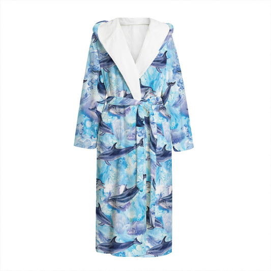 Watercolor Dolphin In The Sea Print Hooded Bathrobe