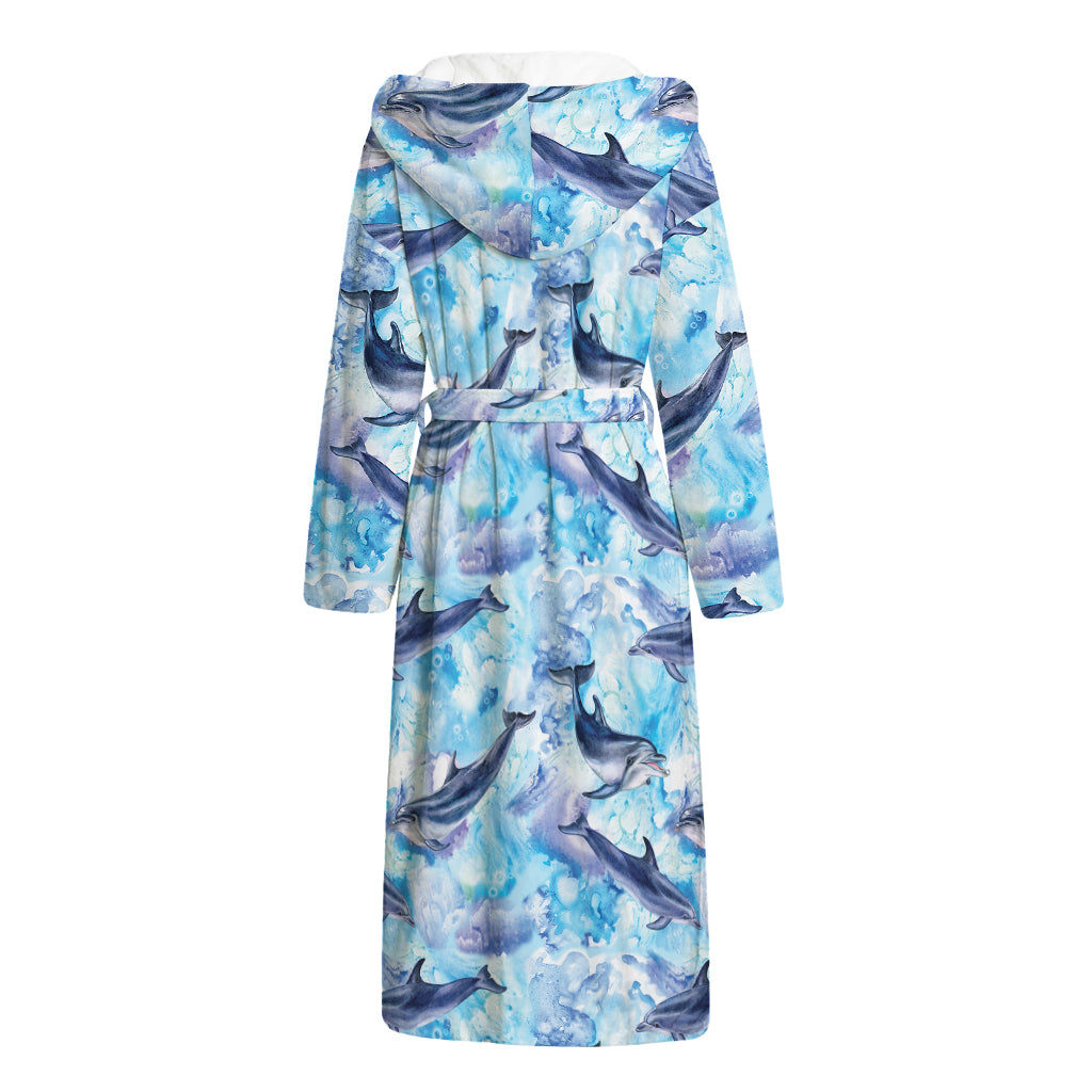 Watercolor Dolphin In The Sea Print Hooded Bathrobe