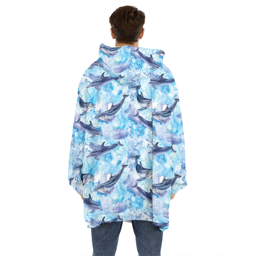 Watercolor Dolphin In The Sea Print Hoodie Blanket