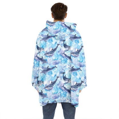 Watercolor Dolphin In The Sea Print Hoodie Blanket