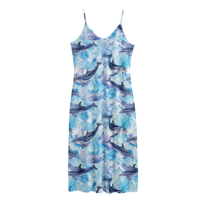 Watercolor Dolphin In The Sea Print Jersey Midi Cami Dress