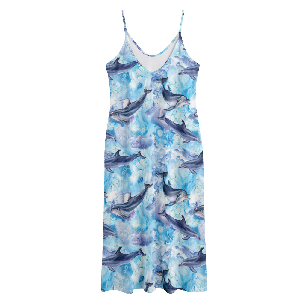 Watercolor Dolphin In The Sea Print Jersey Midi Cami Dress