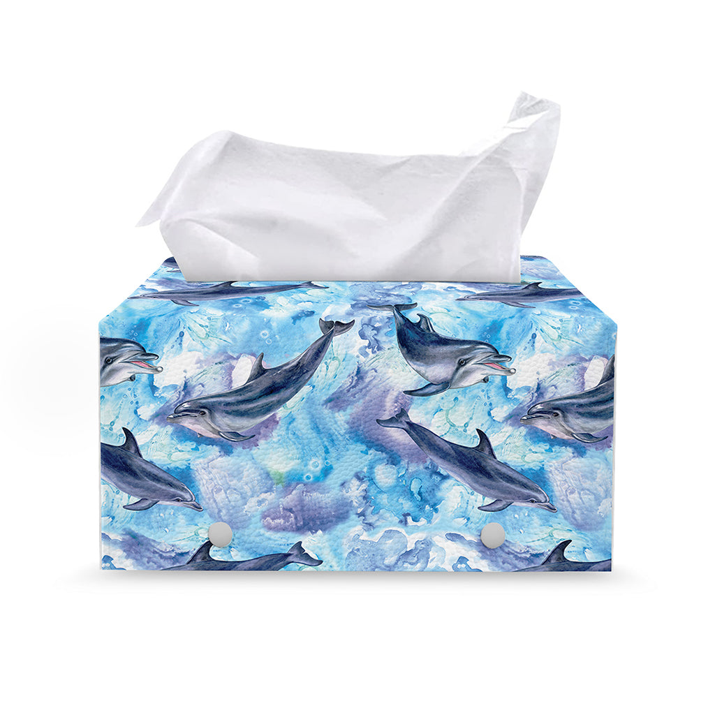 Watercolor Dolphin In The Sea Print Leather Tissue Box Cover