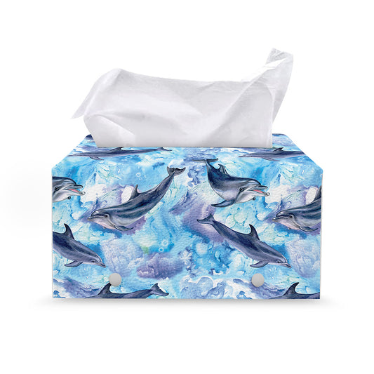 Watercolor Dolphin In The Sea Print Leather Tissue Box Cover