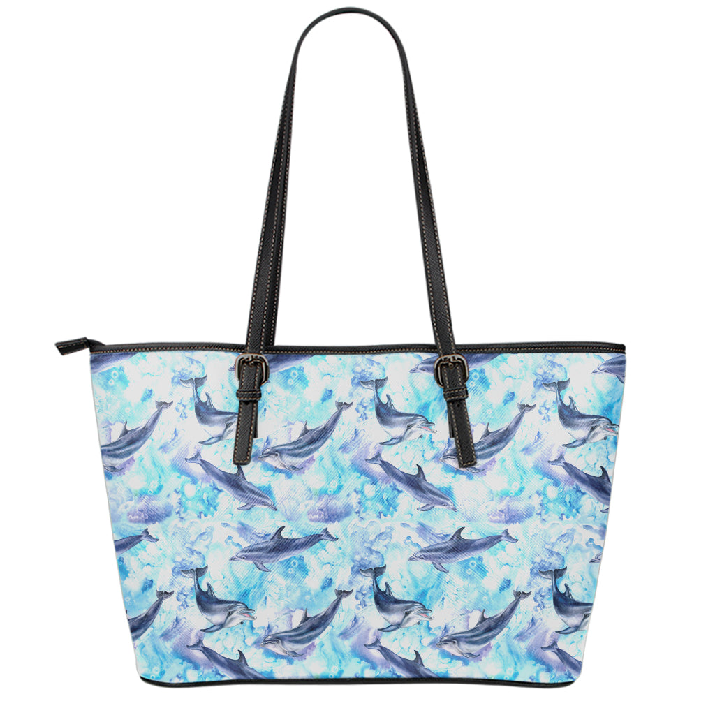 Watercolor Dolphin In The Sea Print Leather Tote Bag