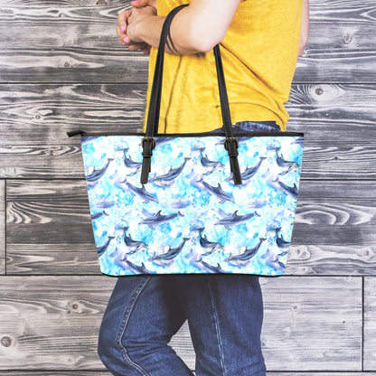 Watercolor Dolphin In The Sea Print Leather Tote Bag