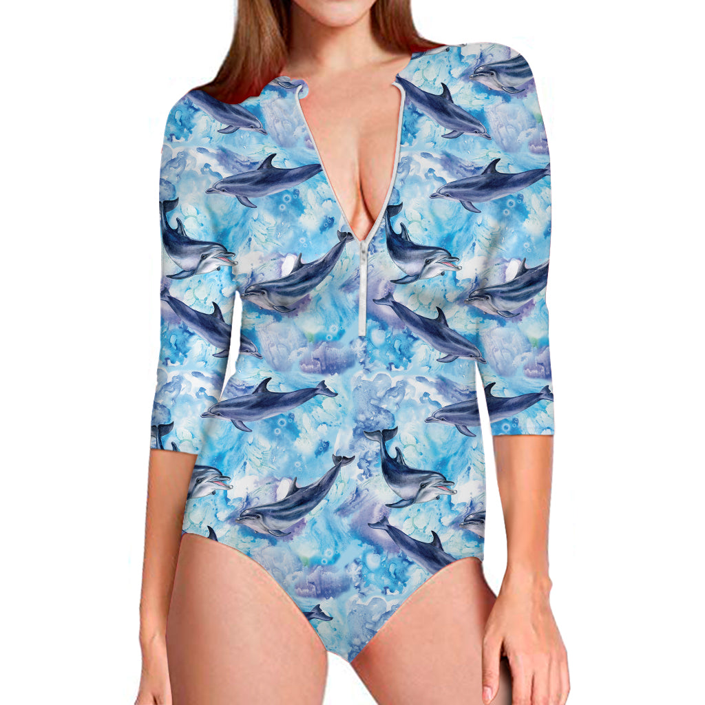Watercolor Dolphin In The Sea Print Long Sleeve Swimsuit