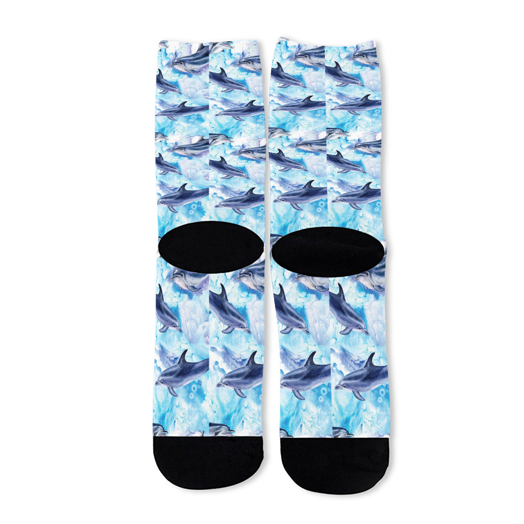 Watercolor Dolphin In The Sea Print Long Socks