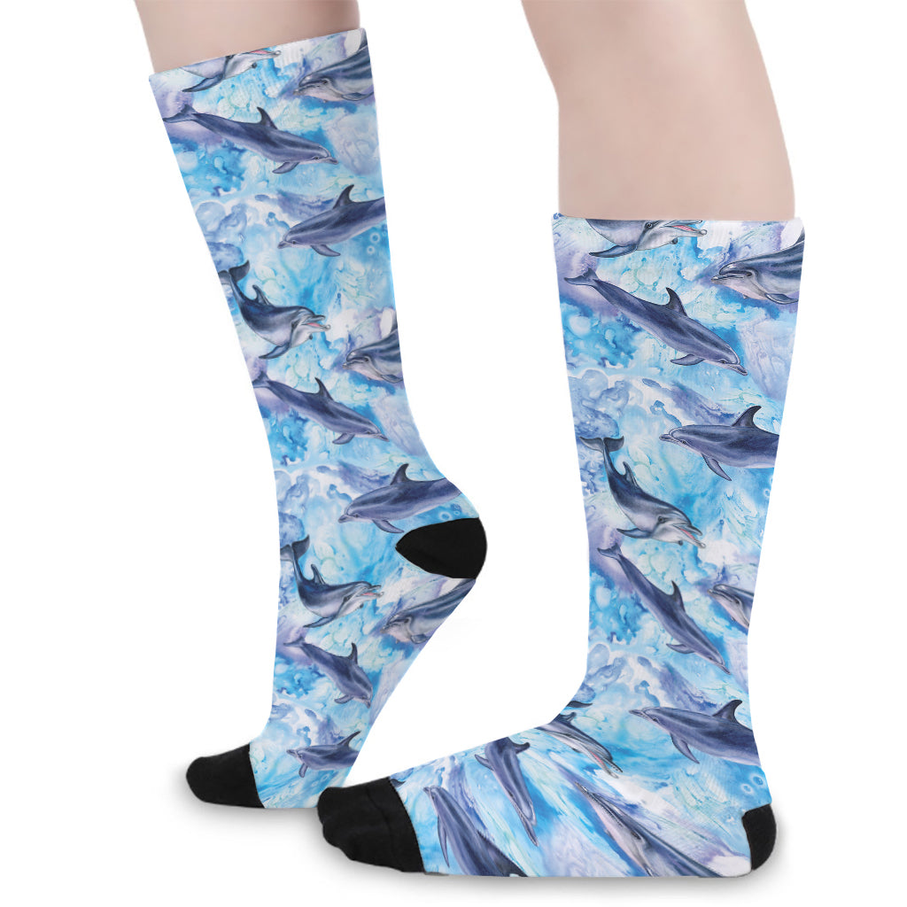 Watercolor Dolphin In The Sea Print Long Socks