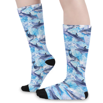 Watercolor Dolphin In The Sea Print Long Socks