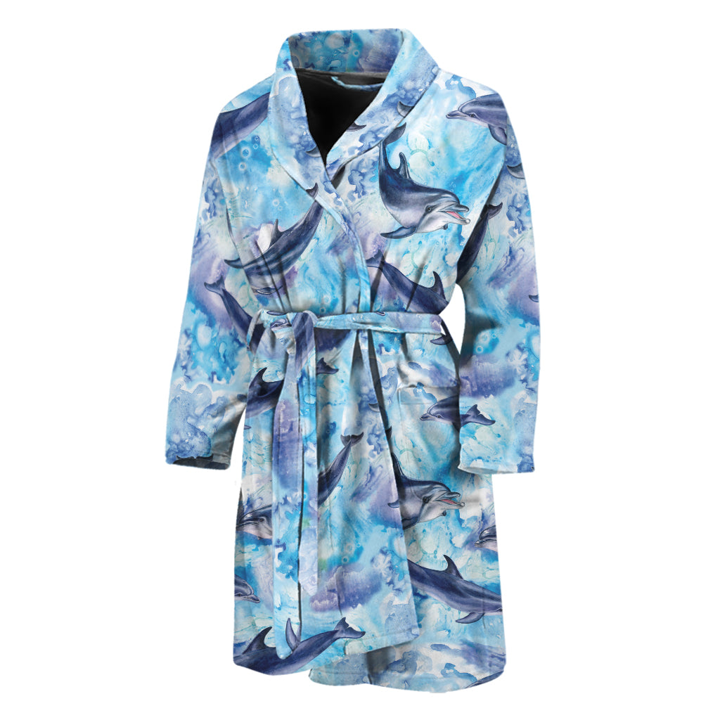 Watercolor Dolphin In The Sea Print Men's Bathrobe