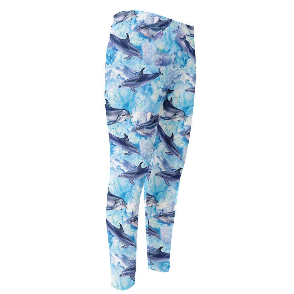 Watercolor Dolphin In The Sea Print Men's Compression Pants