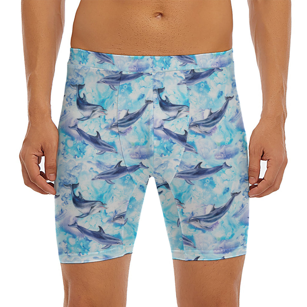 Watercolor Dolphin In The Sea Print Men's Long Boxer Briefs