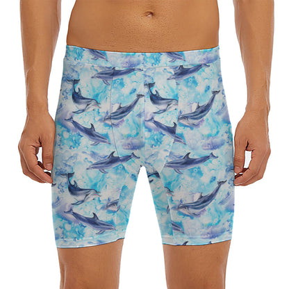 Watercolor Dolphin In The Sea Print Men's Long Boxer Briefs