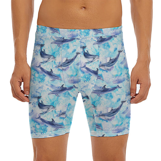 Watercolor Dolphin In The Sea Print Men's Long Boxer Briefs