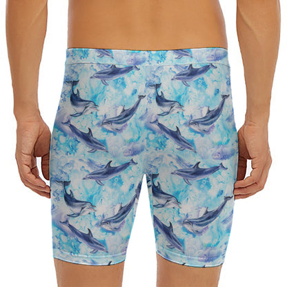 Watercolor Dolphin In The Sea Print Men's Long Boxer Briefs