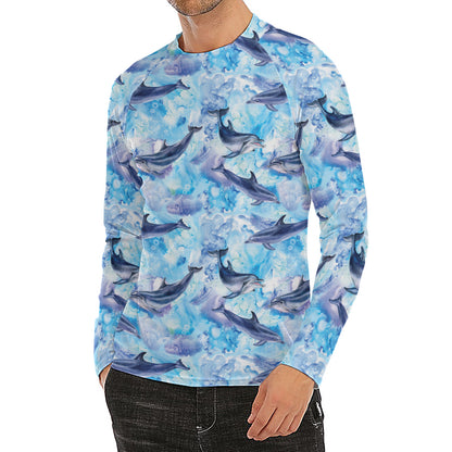 Watercolor Dolphin In The Sea Print Men's Long Sleeve Rash Guard
