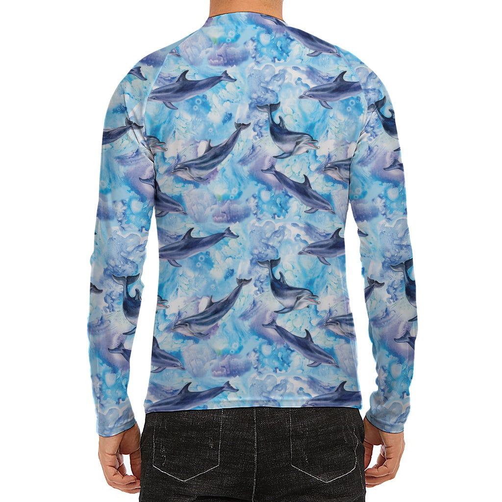 Watercolor Dolphin In The Sea Print Men's Long Sleeve Rash Guard