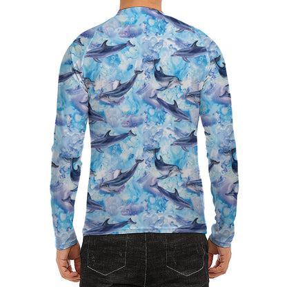 Watercolor Dolphin In The Sea Print Men's Long Sleeve Rash Guard