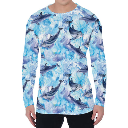 Watercolor Dolphin In The Sea Print Men's Long Sleeve T-Shirt