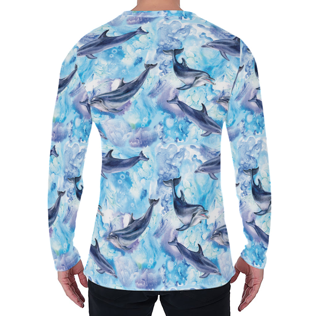 Watercolor Dolphin In The Sea Print Men's Long Sleeve T-Shirt