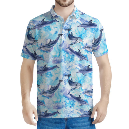 Watercolor Dolphin In The Sea Print Men's Polo Shirt
