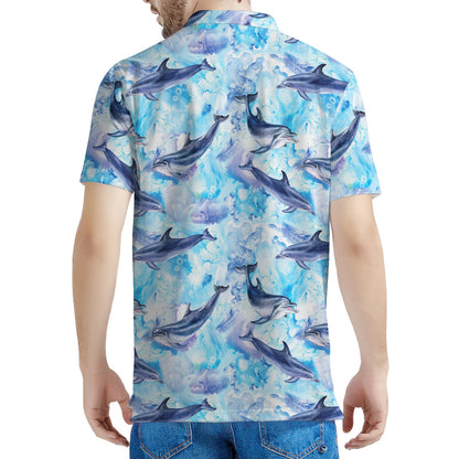 Watercolor Dolphin In The Sea Print Men's Polo Shirt