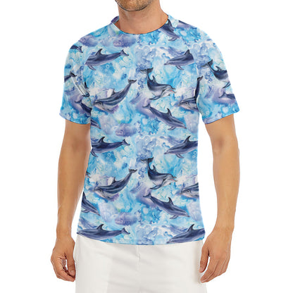 Watercolor Dolphin In The Sea Print Men's Short Sleeve Rash Guard